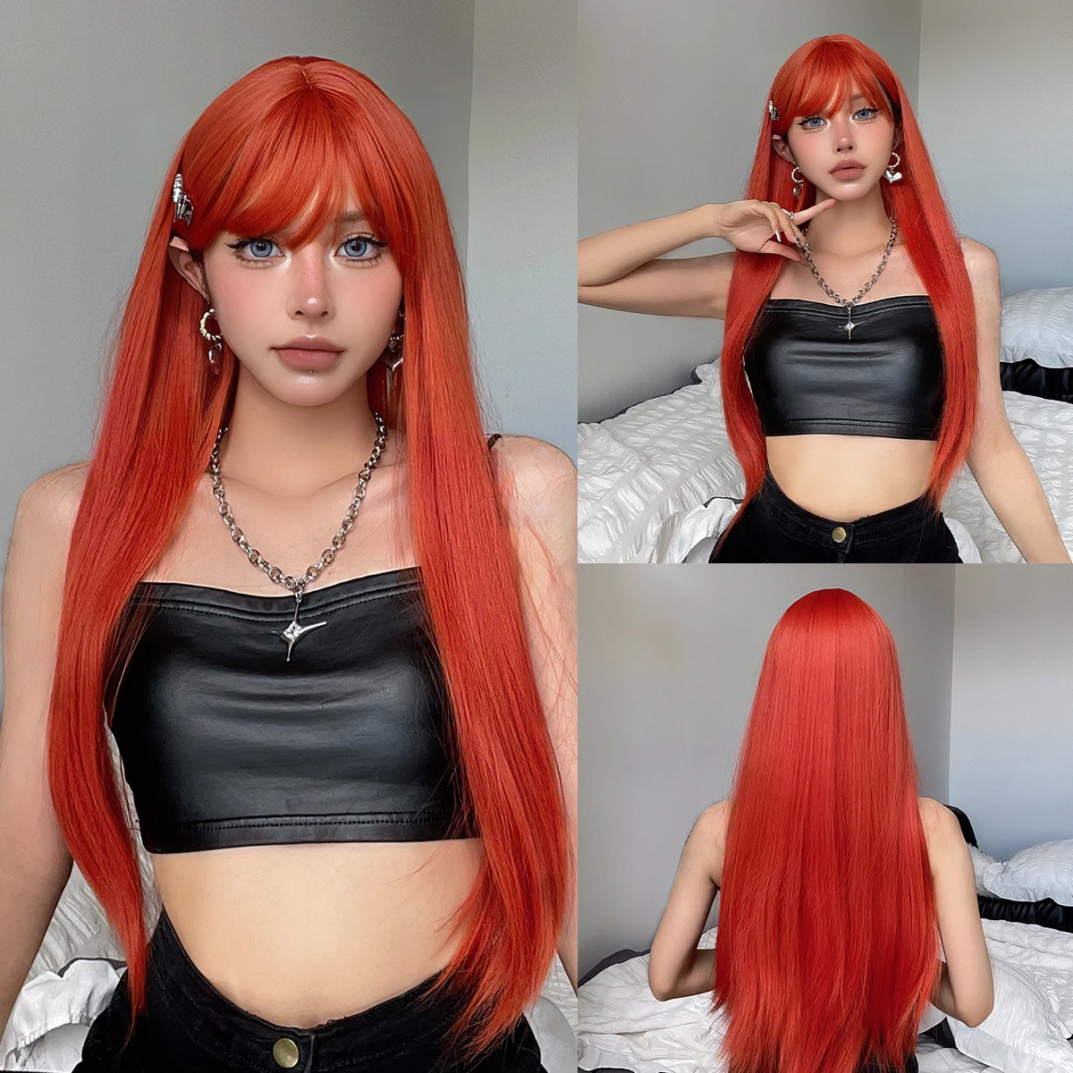 Straight Silky Red Orange Wigs with Bangs Long Colorful Daily Natural Wig for Women Party Cosplay Synthetic Hair Heat Resistant