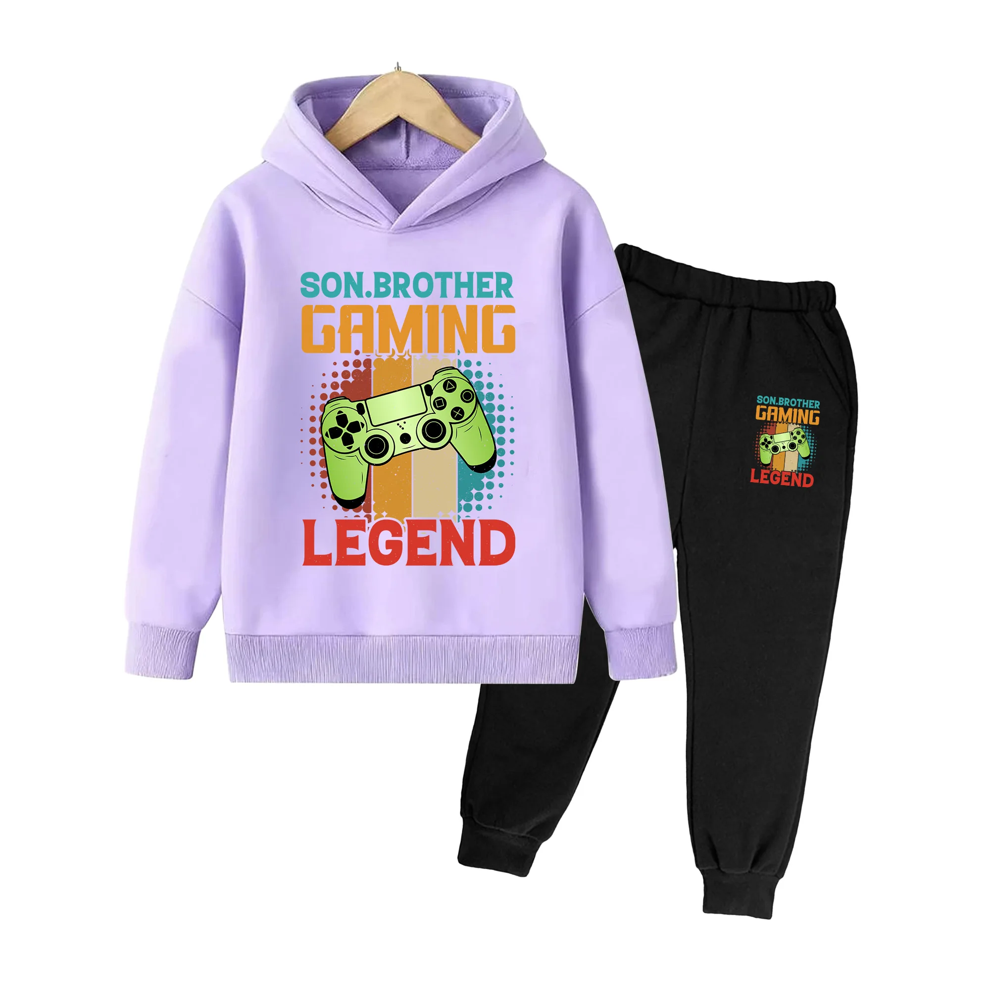 Kids Gaming Print Hoodie & Jogger Set, Long Sleeve Casual Sportswear for Boys Girls, Retro Game Controller Outfit