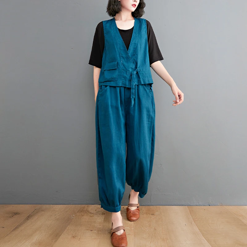 Faionable Ensemble de lin en coton Pantalon Harlan neuf pièces pour femme Jaet avec ket Taille élastique Flip Cover Design Automne Collec...