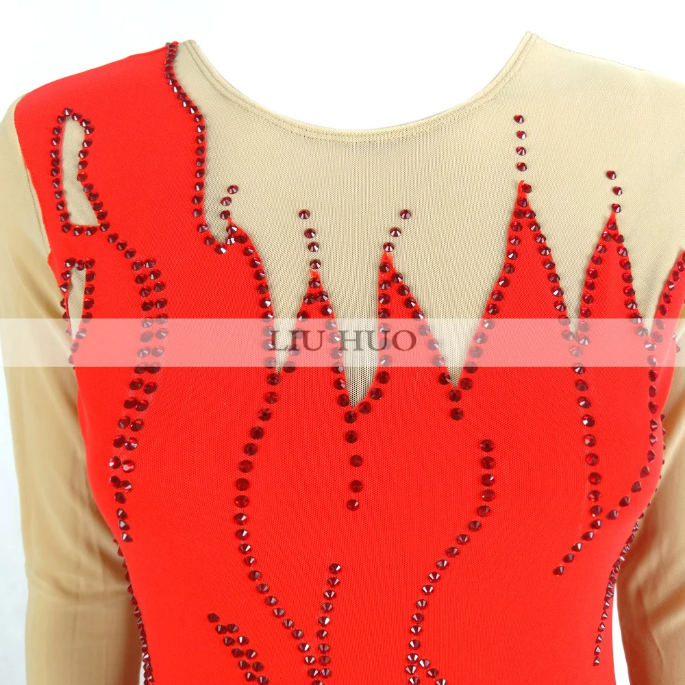 LIUHUO Women Girls Performance Ballet Competition Leotard Ice Figure Skating Dress Dance Costume Skirt Red Teens Round Neck Kids