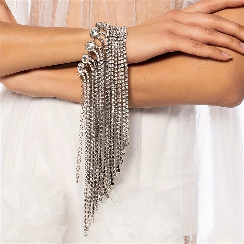 1pc Fashionable Sexy Long Tassel Rhinestone Bracelet Exquisite Luxury Wedding Party Shining Crystal Bracelet Bridal Jewelry