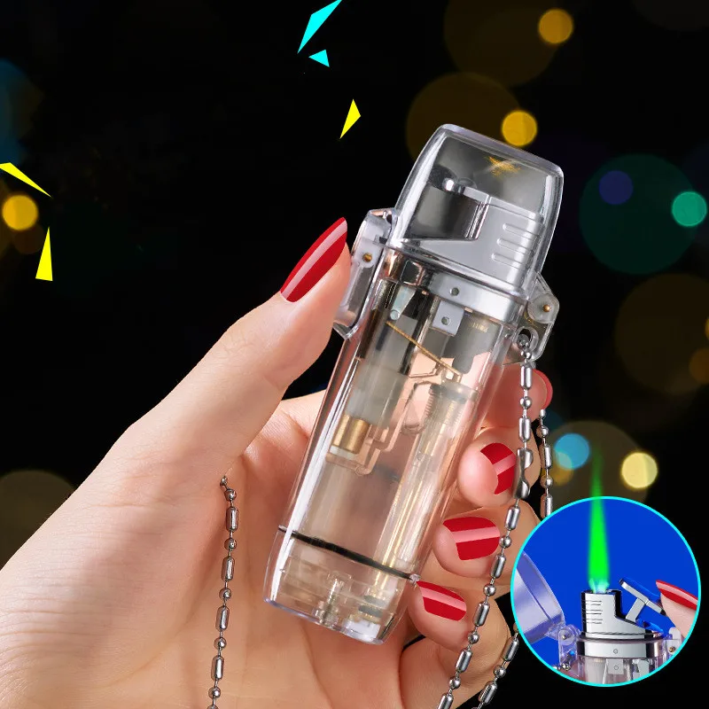 Transparent Waterproof Gradual Green Flame Butane Gas Lighter Outdoor Windproof Creative High-beauty Gadgets Smoking Accessories