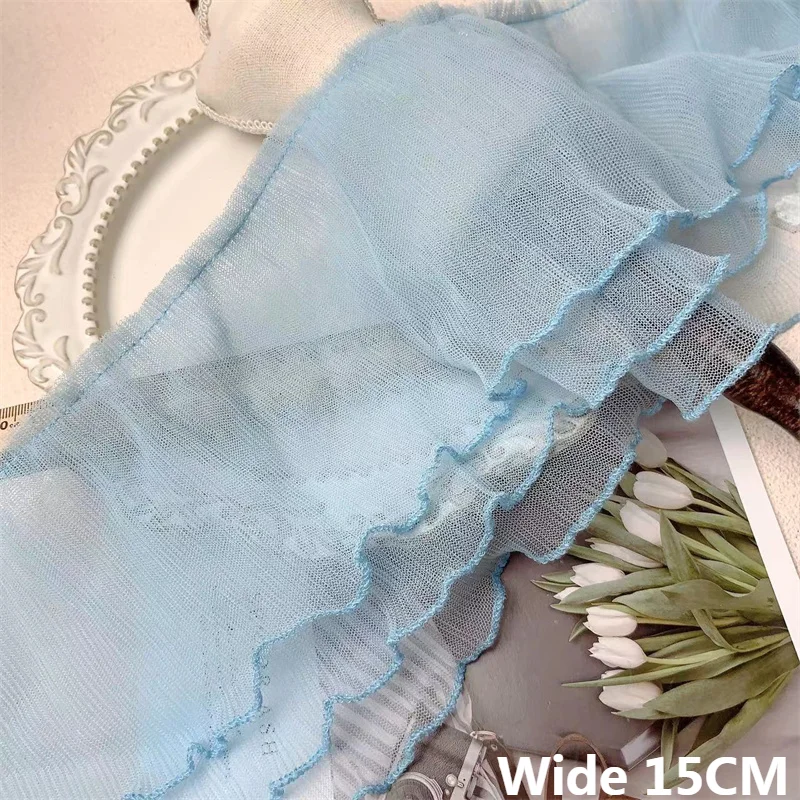 

15CM Wide Three Layers Tulle Mesh Sky Blue Pleated Mesh Lace Embroidered Ribbon Curtains Dress Hemline DIY Stitched Sewing Decor