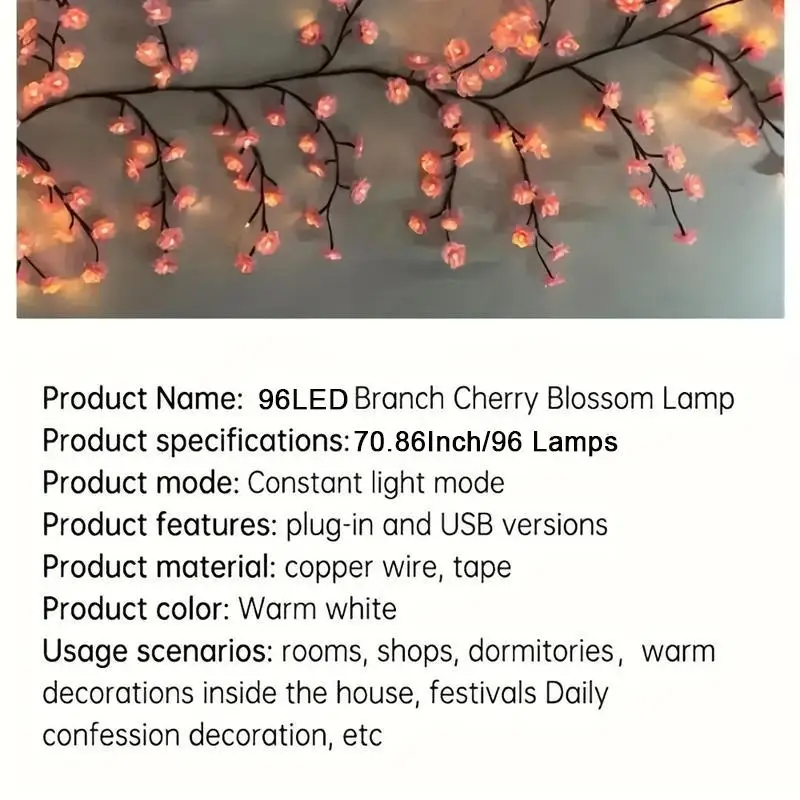 USB Powered Cherry Blossom Branch Lights 8 Modes 96LEDs String Lights for Living Room Bedroom Wedding Christmas Holiday Decor