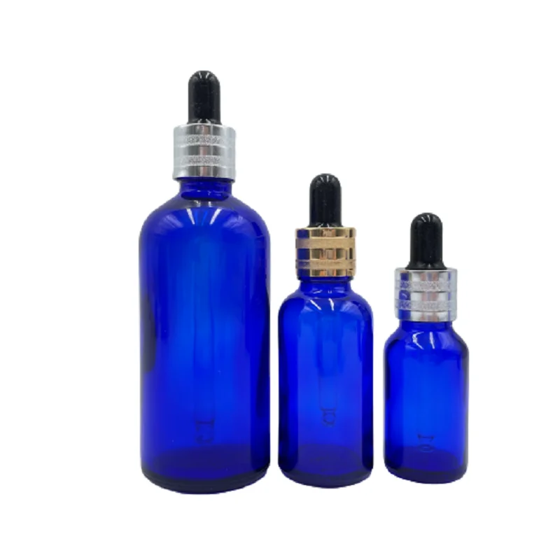 

Essential Oil Dropper Bottle Gulch Gold Silver Lid Aromatherapy Drop Pipette Empty5ml~100ml Blue Glass Dropper Packaging Bottles