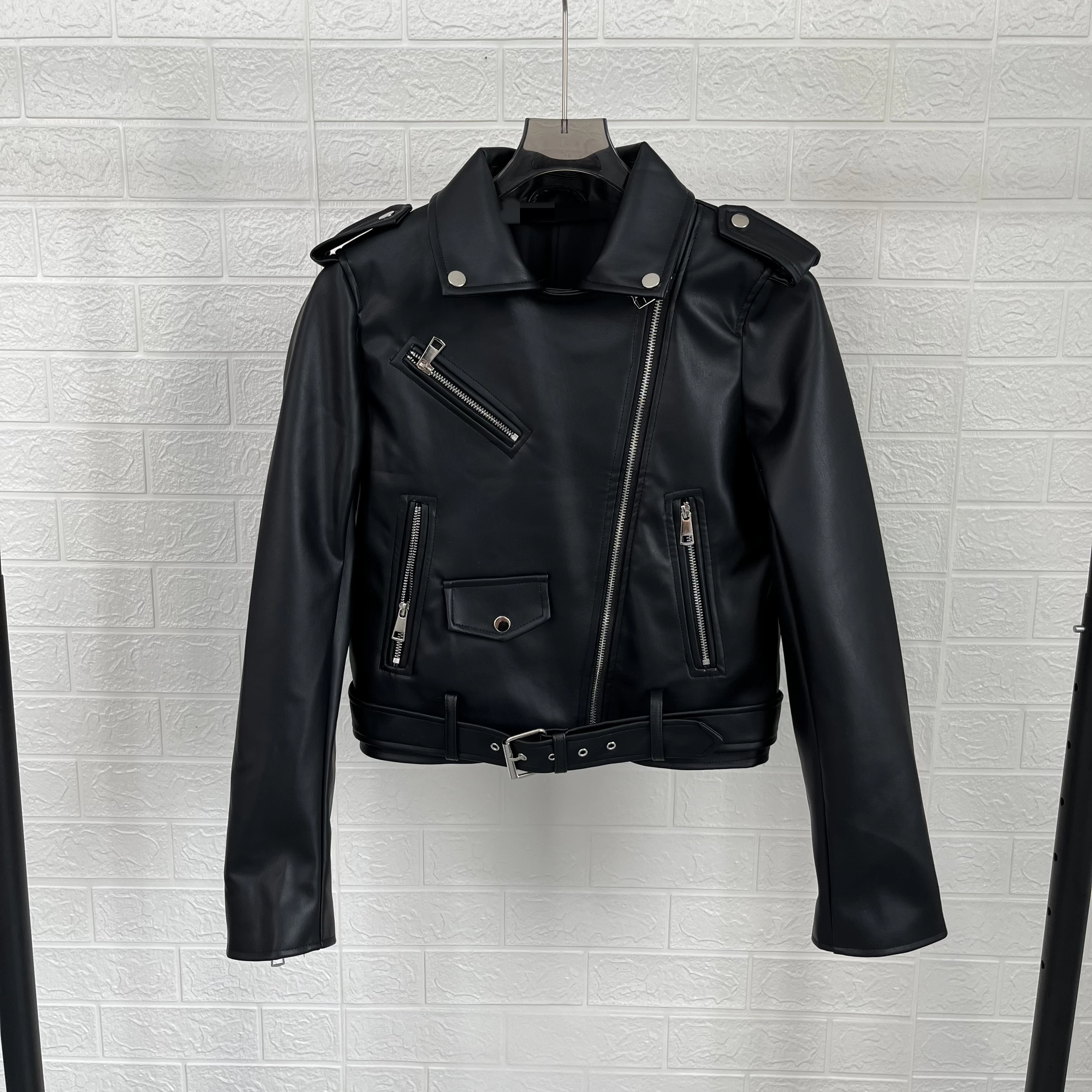 

Taop&Za women's 2024 autumn new leather jacket motorcycle style lapel long-sleeved short imitation leather jacket