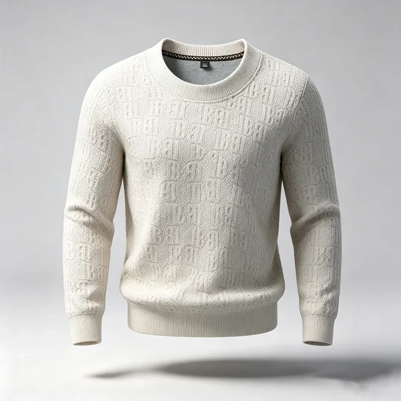 Mens Round Neck All Over Letter Jacquard Pullover Sweater Long Sleeve Knitted Top Ribbed Neck Cuff Hem Casual Sweaters For Men