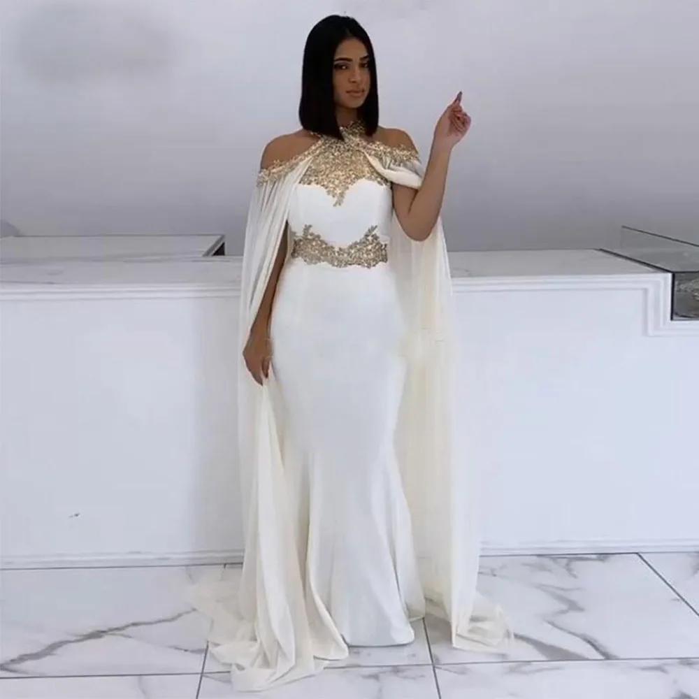 

White Satine Mermaid Princess Evening Dresses 2024 Halter Beaded White and Gold Cape Arabic Dubai Formal Long Elegant Prom Part