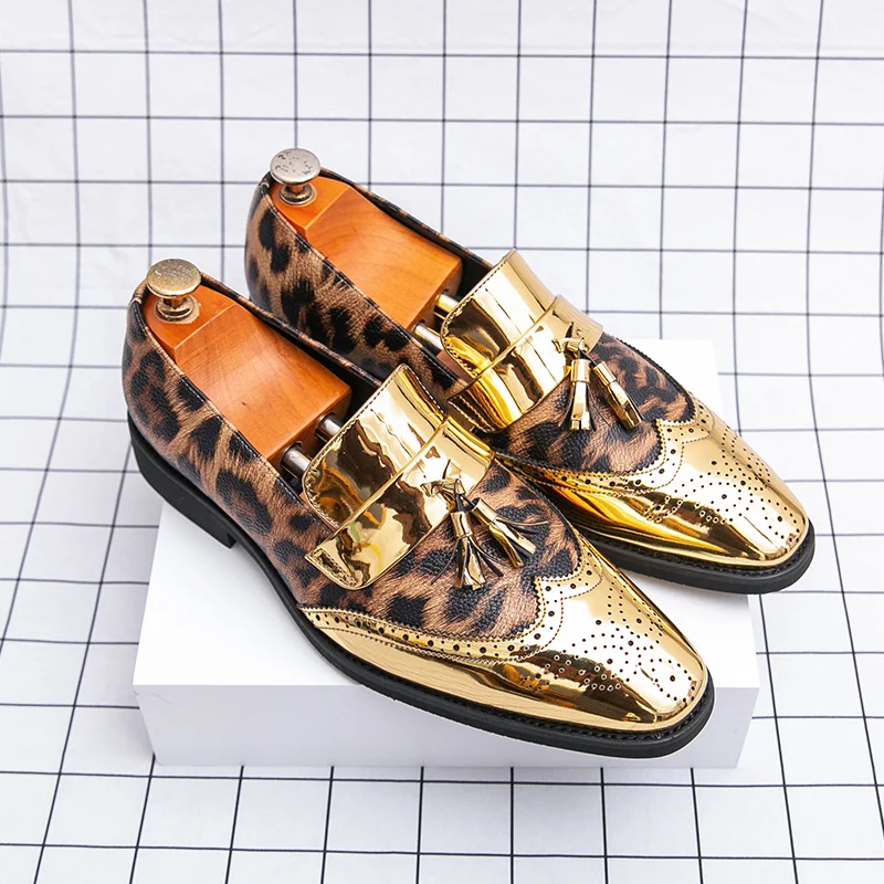 Leopard Print Men Dress Shoes Large Size 48 Luxury Wedding Party Shoes for Man Patent Leather Golden Shoes Men sapato social