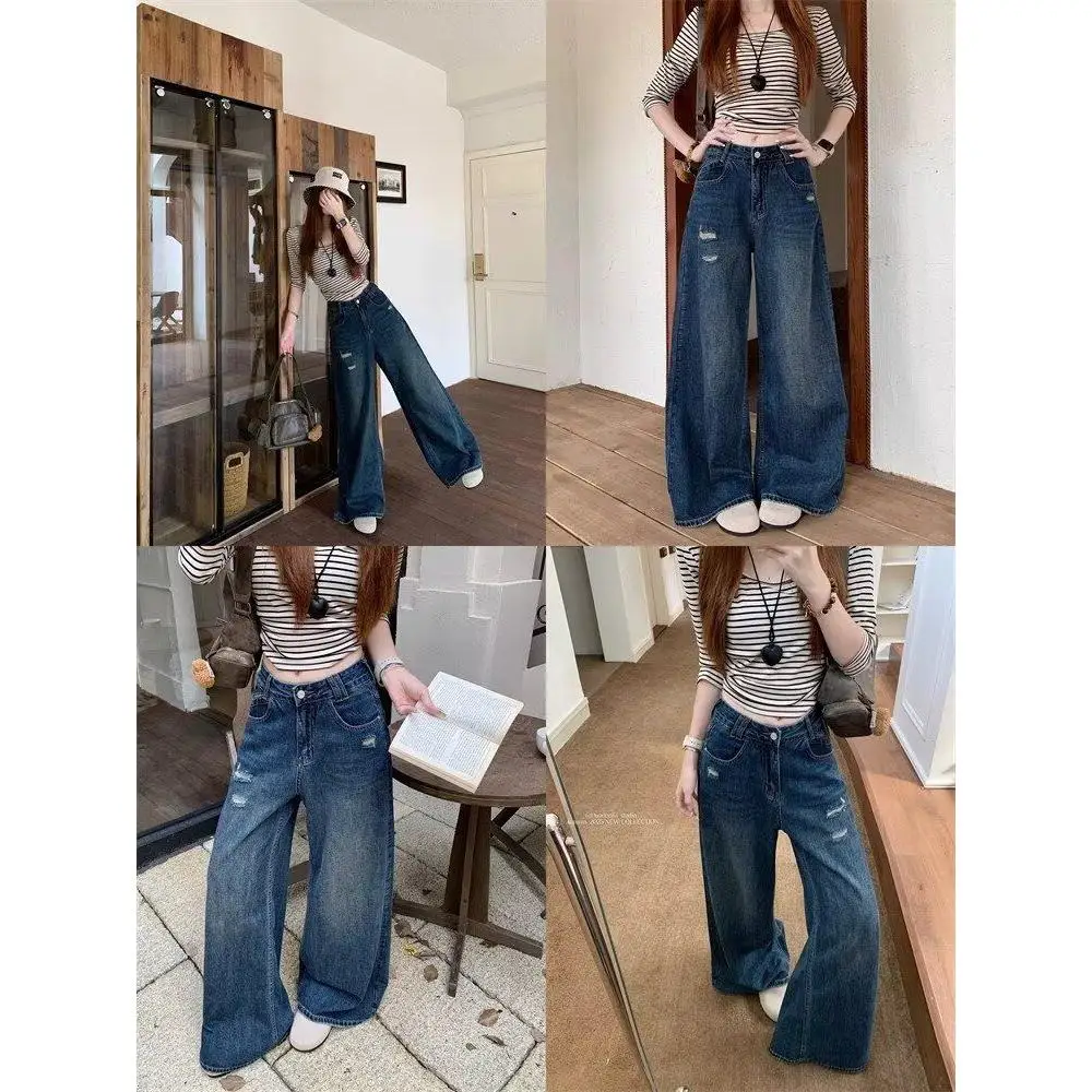 

Retro American Wide Leg Jeans Women's Loose Straight High Waist Slimming Denim Pants Autumn 2026 Casual Cotton Polyester