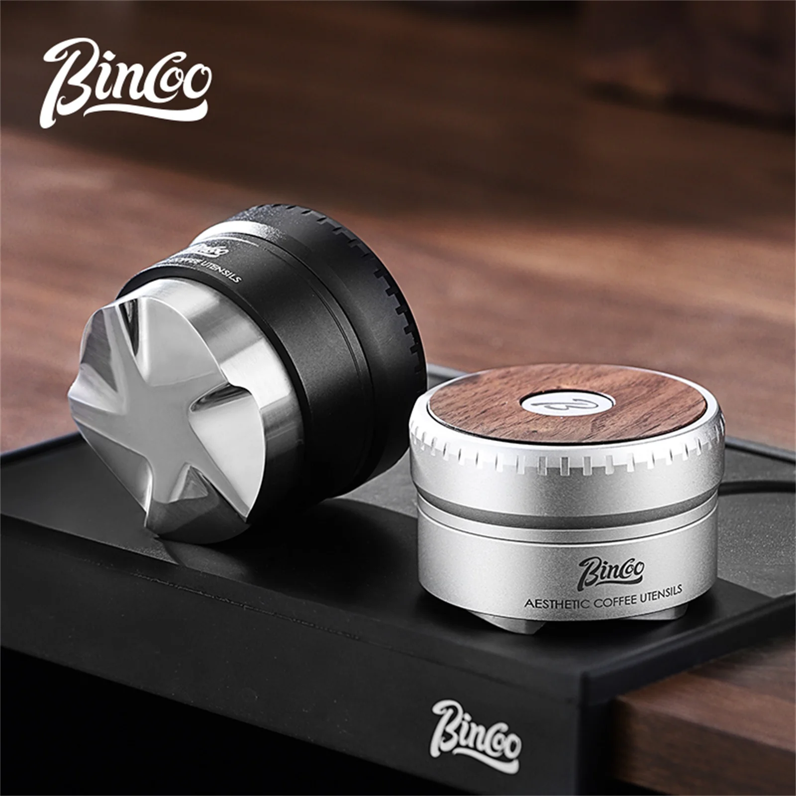 Bincoo 58mm Espresso Distributor Aluminum & Stainless Steel Base Anodized Anti-Rust Wood Handle Barista Tool