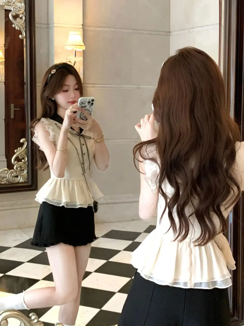 

Korea 2 Piece Summer Ruffle Sleeveless Sweet Blouse+Mini Skirts Set Women Cute Y2k Peter Pan Collar Single Botton Top Set