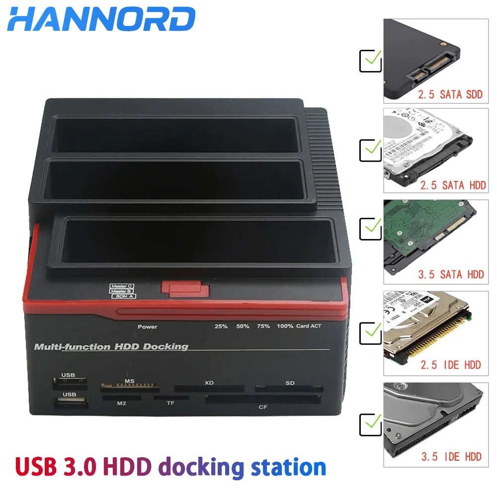 

Док-станция для жесткого диска Hannord 2,5/3,5 дюйма SATA IDE, автономный клон, внешний корпус жесткого диска, концентратор USB 3.0 MS/M2/XD/CF/SD/TF, устройство чтения карт