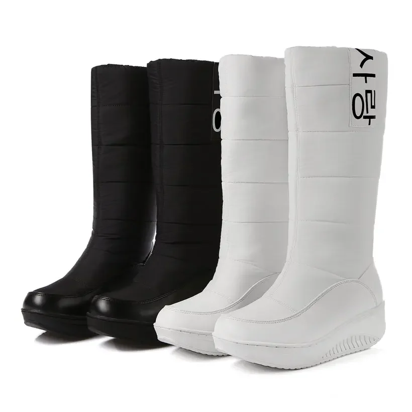 2025 Winter Women Snow Boots Platform Wedge Med Heels Round Toe Black White Down Plush Casual Travel Lady Slip-on Mid-calf Boots