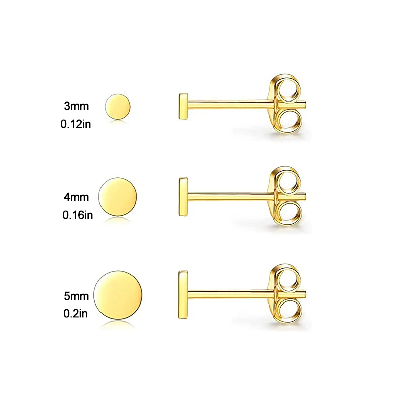 3 Pairs 18K Gold Plated Stainless Steel Stud Earrings For Women Men Mini Round Ear Cartilage Earrings Set