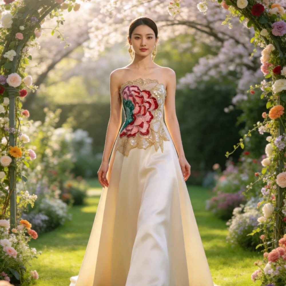 Customized Strapless Floral Sequin Embroidery Evening Gown Women Champagne Satin A Line Long Dresses Formal Wedding Guest Prom