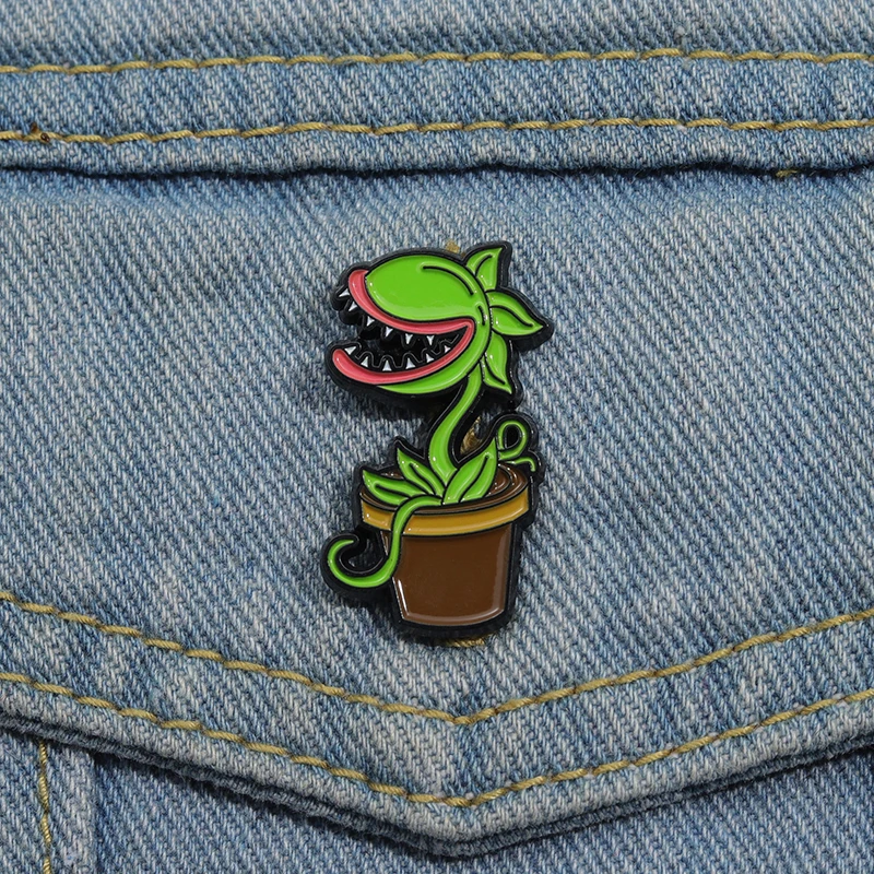 Potting Carnivorous Plants Enamel Pins Cartoon Horror Green Flower Brooches Lapel Badge Jewelry Wholesale Accessories Gift