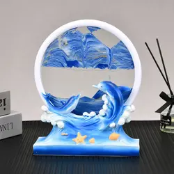 Moving sand art painting, circular deep sea landscape with display flowing sand box for relaxing desktop home office décor