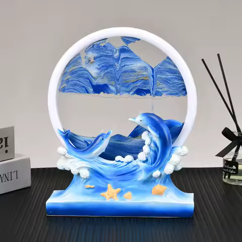 Moving sand art painting, circular deep sea landscape with display flowing sand box for relaxing desktop home office d&eacute;cor