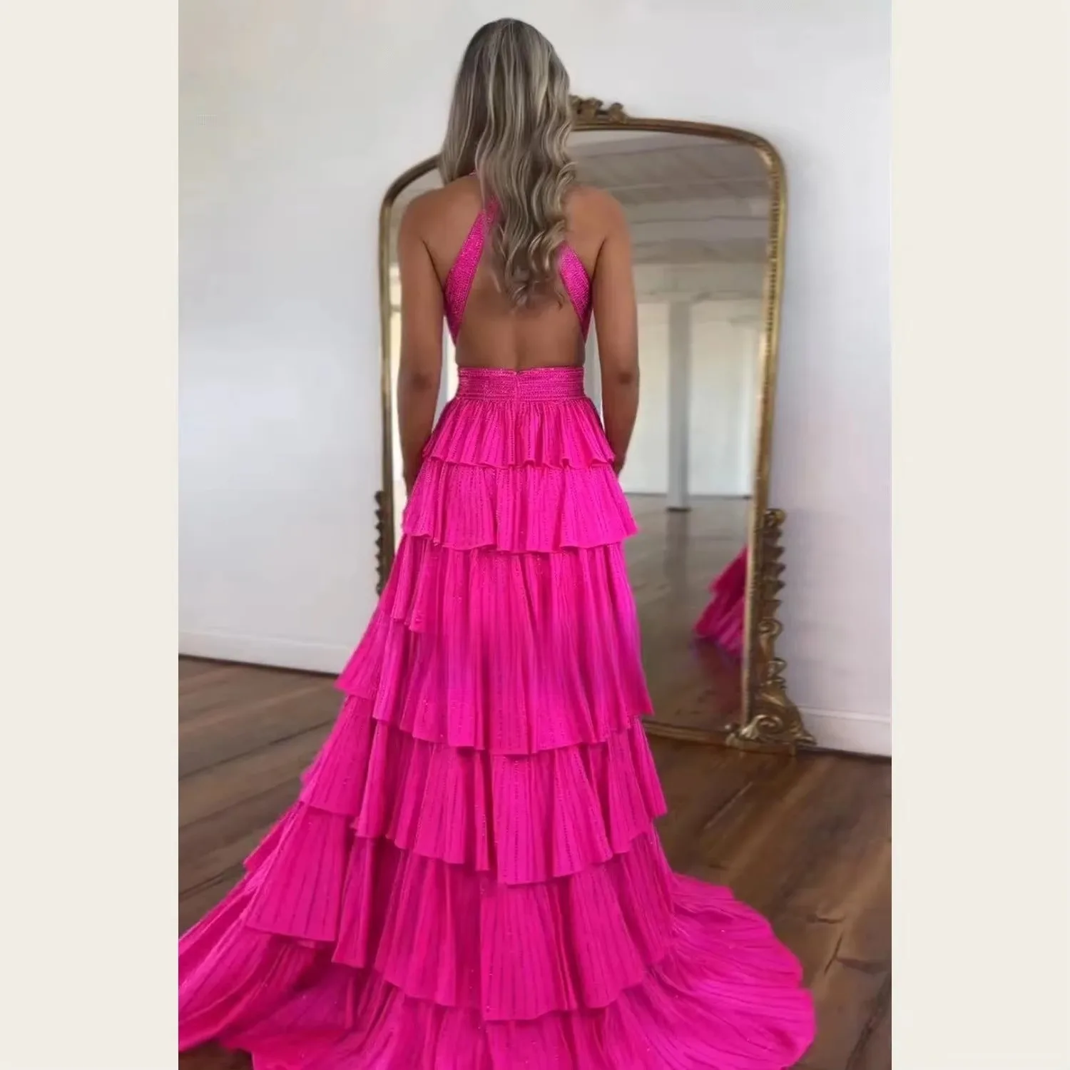 Women Halter V Neck Evening Dresses Sparkly Ruffled Tiered Long Formal Prom Dresses Backless Cutout Waist Party Gowns