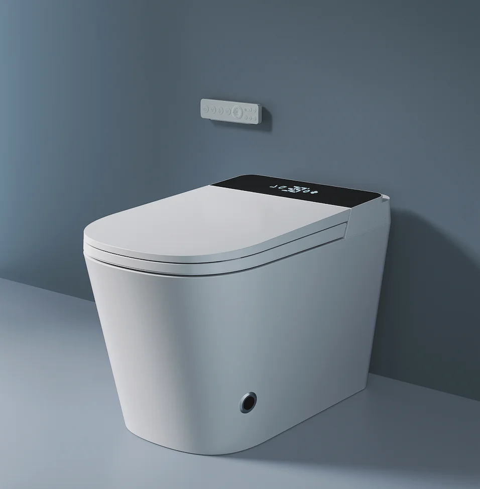 Sensor de pie alargado montado en el suelo, descarga automática, Control remoto, inodoro inteligente sin tanque para Baño