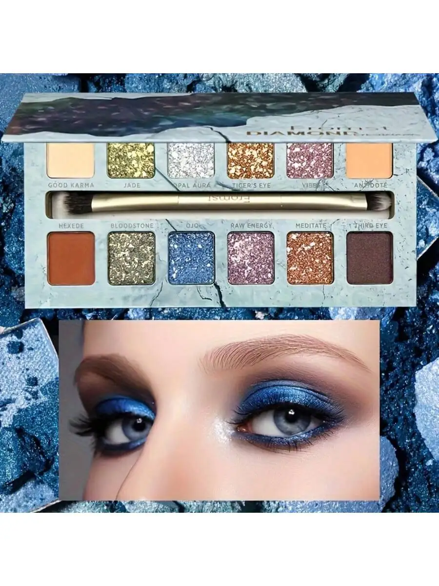 12-kleuren blauw oogschaduwpalet - mat/glans/glitter, waterdicht zweetbestendig, toneelmake-up/feest, wordt geleverd met een spiegelgeschenkdoos