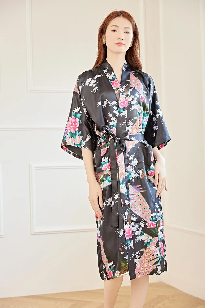 

Plus Size XXXL Chinese Women Long Robe Print Flower Peacock Kimono Bathrobe Gown Bride Bridesmaid Wedding Robes Sexy Sleepwear