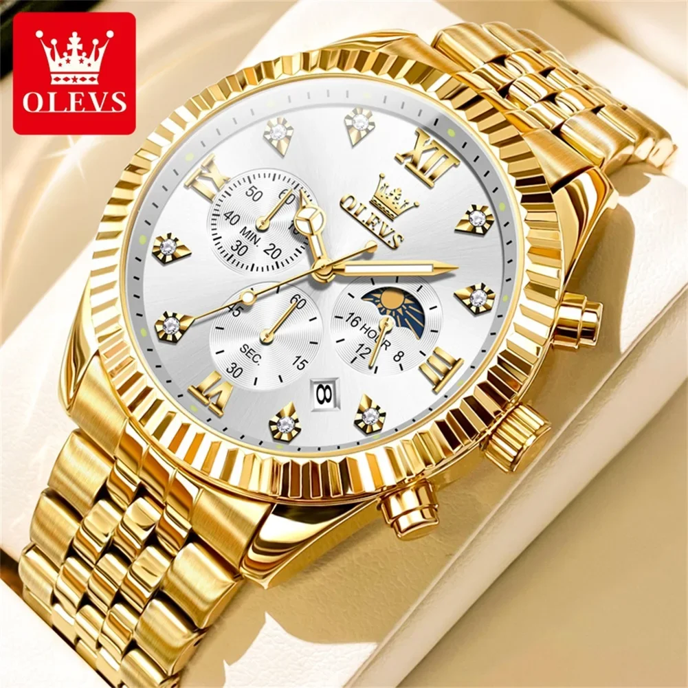 OLEVS 1pc Business Men Watch Premium Moonphase Quartz Watches Stainless Steel Strap Waterproof Timing Luminous Men Wristwatch
