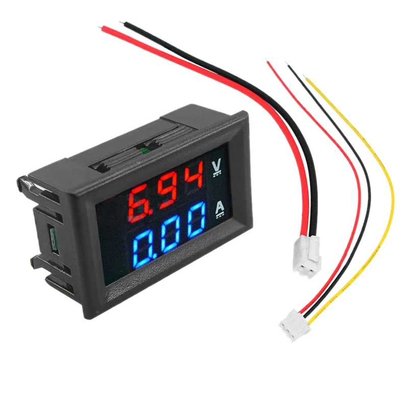 接続線付きデュアルLEDディスプレイパネル,デジタル電圧計,電流計,DC, 100V, 10A,電圧,電流,メーター,テスター,青,赤,2個