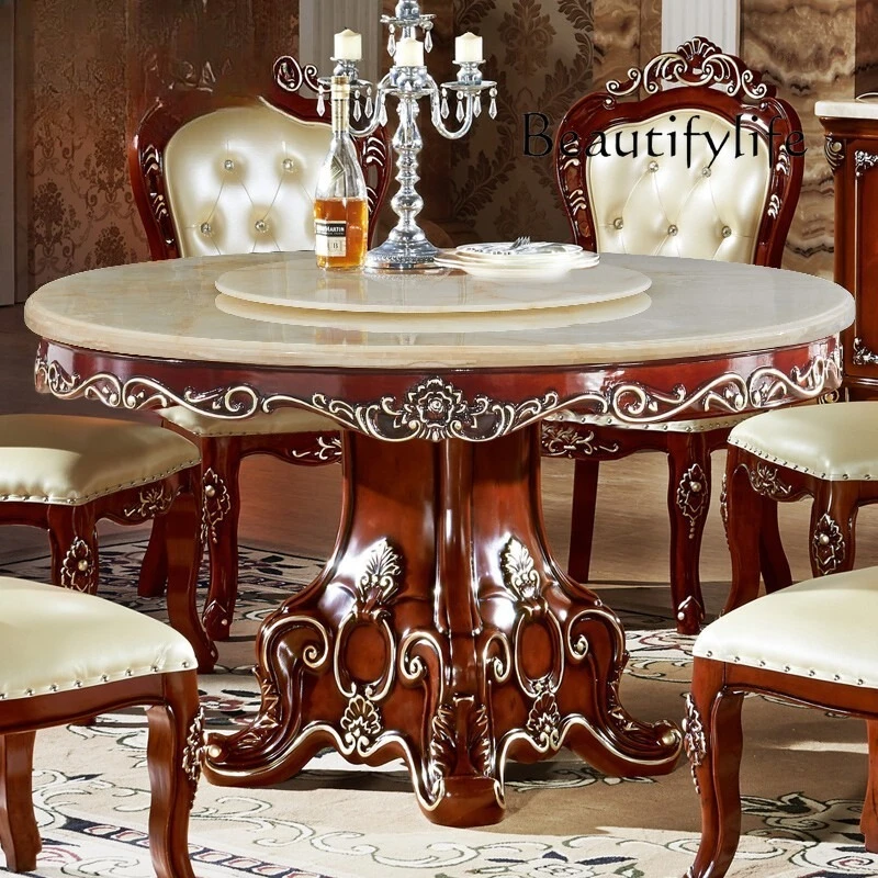 European round table, American hotel villa restaurant with turntable round table solid wood carving flower marble