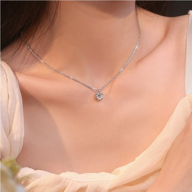 Sparkling Sterling Silver Necklaces Women\'s Fashion Versatile Chain Clear Zircon Pendant Clavicle O-Chain Necklace for Women
