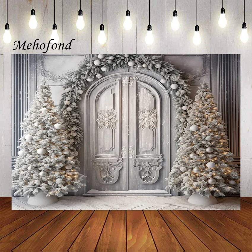 Mehofond Photography Background Christmas Vintage Wooden Door Xmas Tree Kids Family Party Portrait Decor Backdrop Photo Studio