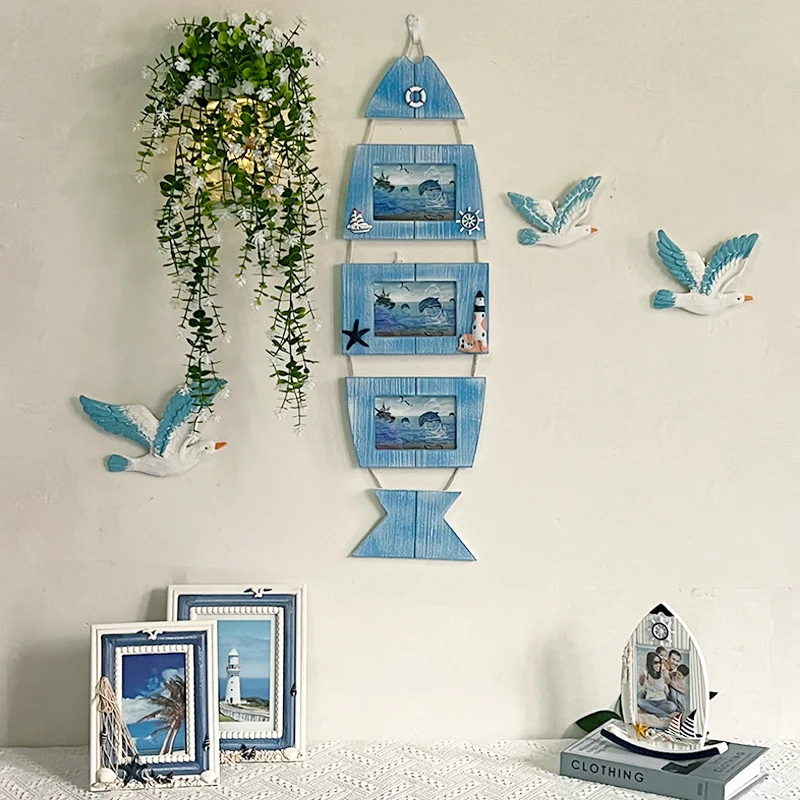 Mediterranean 5-Inch, 6-Inch, 7-Inch Triple Frame Hanging Creative Photo Wall Decoration Pendant, Seaside Souvenir Display