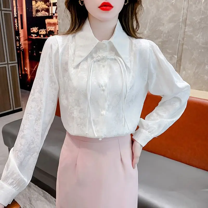 Women\'s Clothing Vintage Chinese Style Jacquard Button Shirt Elegant Fashion Turn Down Collar Blouse White Long Sleeve Slim Tops