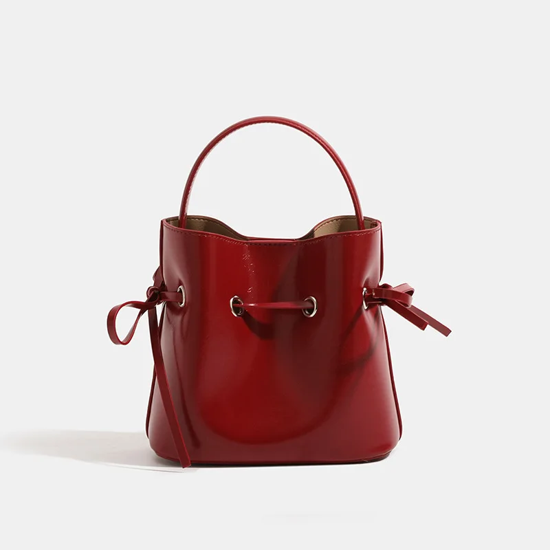 

Fresh Sweet Versatile Handbag Simple Bow Tie Drawstring Soft Leather Shoulder Crossbody Bucket Bag