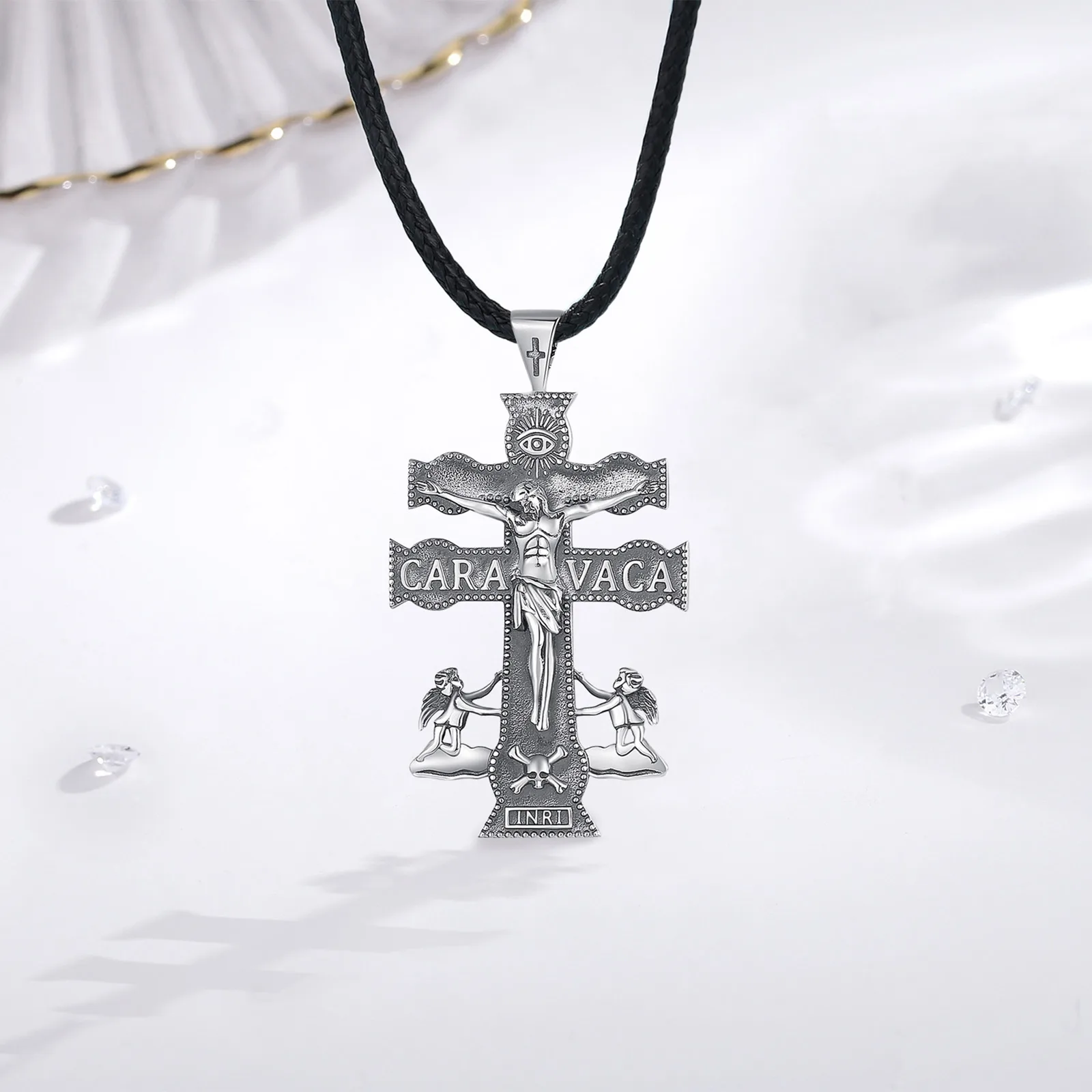 Eudora New 925 Sterling Silver Caravaca Cross Necklace Jesus Angel Religious Pendant Amulet Men Women Personality Jewelry