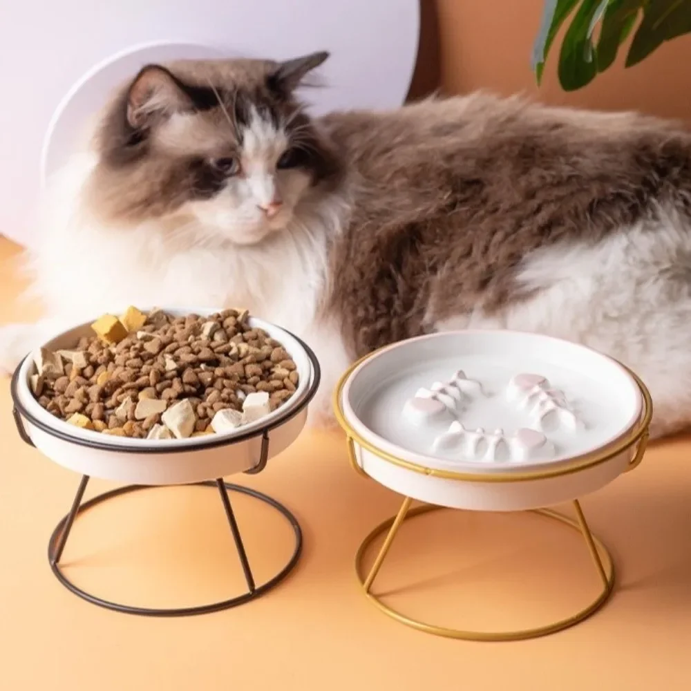 Comedero elevado de cerámica de alta calidad para mascotas, de gran diámetro, con protección para el cuello, comedero lento y bebedero para gatos de cara plana, antioctonía