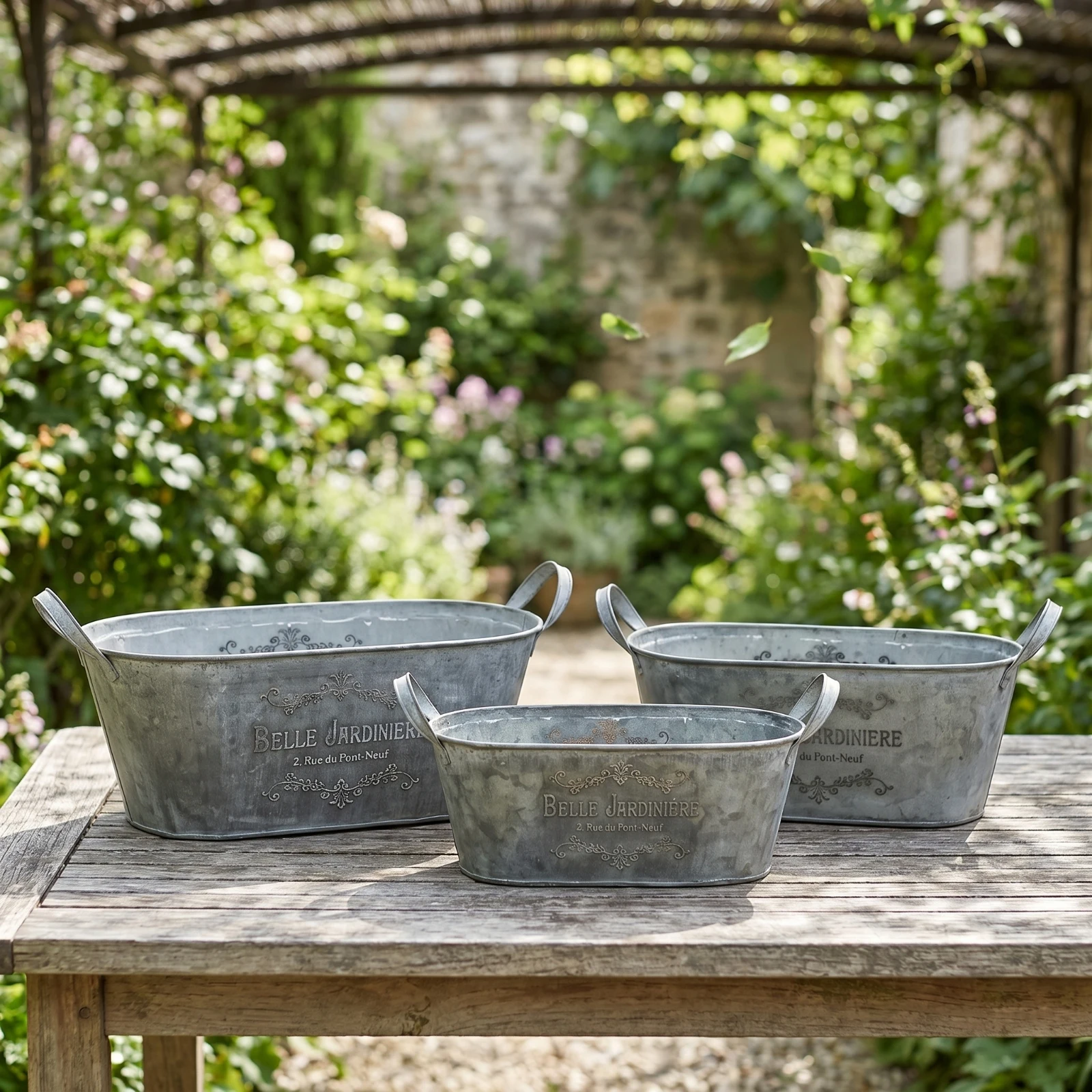 3 Pieces Galvanized Container with Handles Weathered Oval Metal Container Planter with Handles Embossed Weather-Resistant