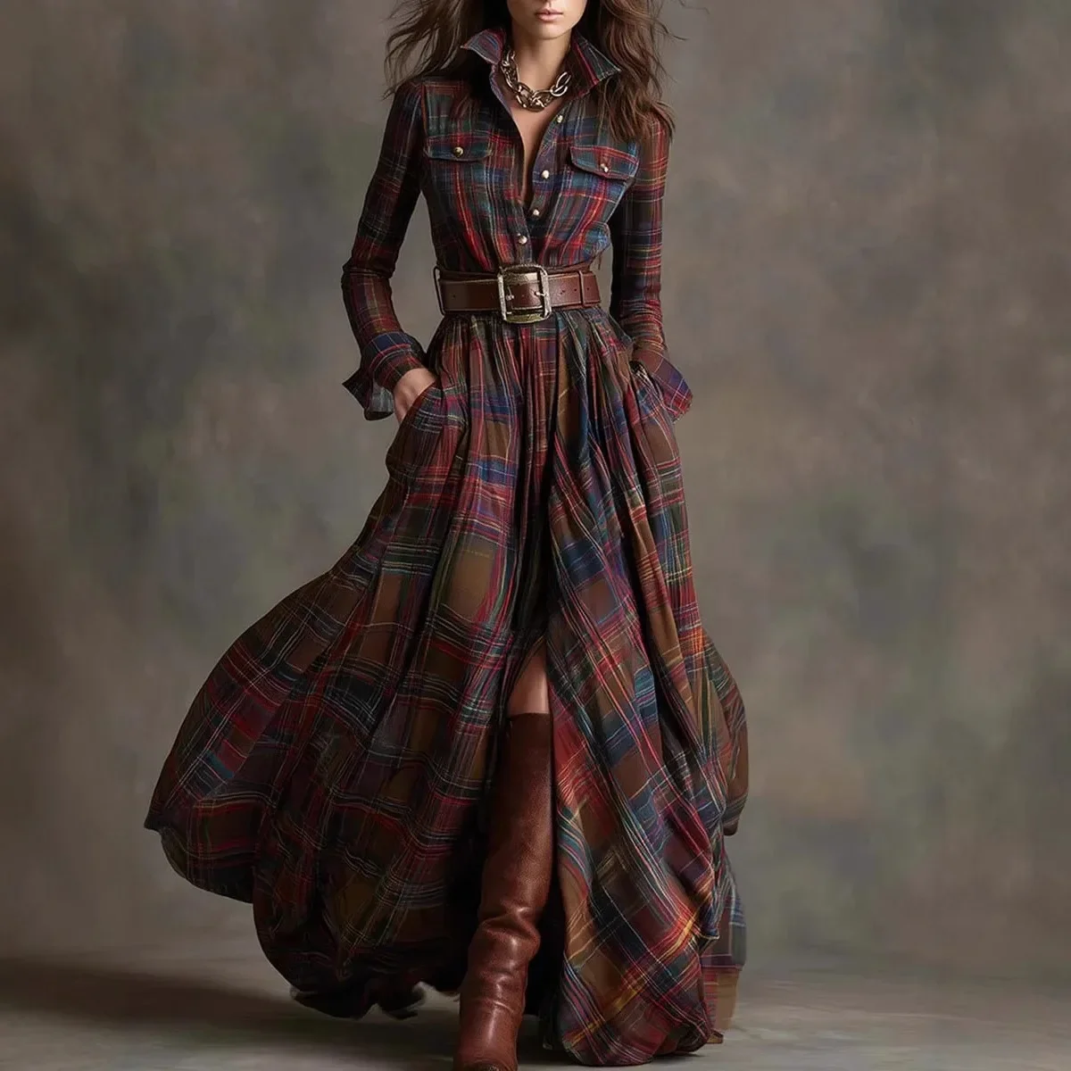 European American Women's Shirt Maxi Dress Autumn Casual Long Sleeve Button Pocket Plaid Print Lapel Retro Long Dress Vestidos
