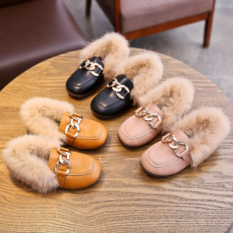 JGSHOWKITO Kids Leather Shoes 2023 Autumn Winter Girls Flats With Thick Cotton Warm Children Boy Black Loafers Fashion Hairy Fur