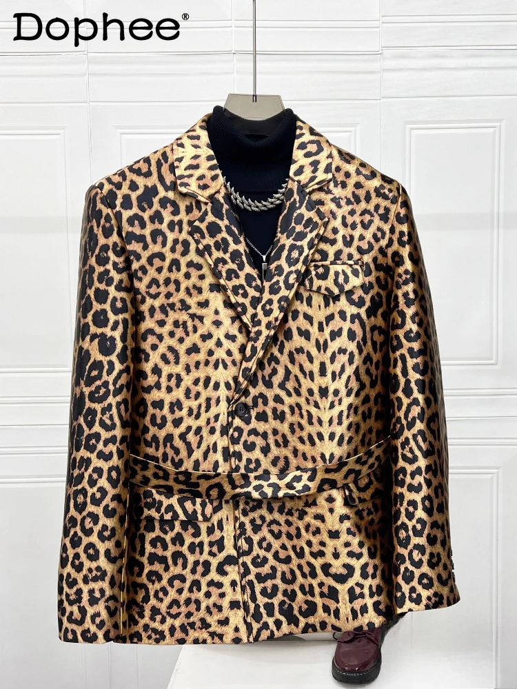 

2025 Autumn New American Style Retro Leopard Print Blazers Men's Stylish Loose Fashion Long Sleeve Suit Jackets Male Pants Sets