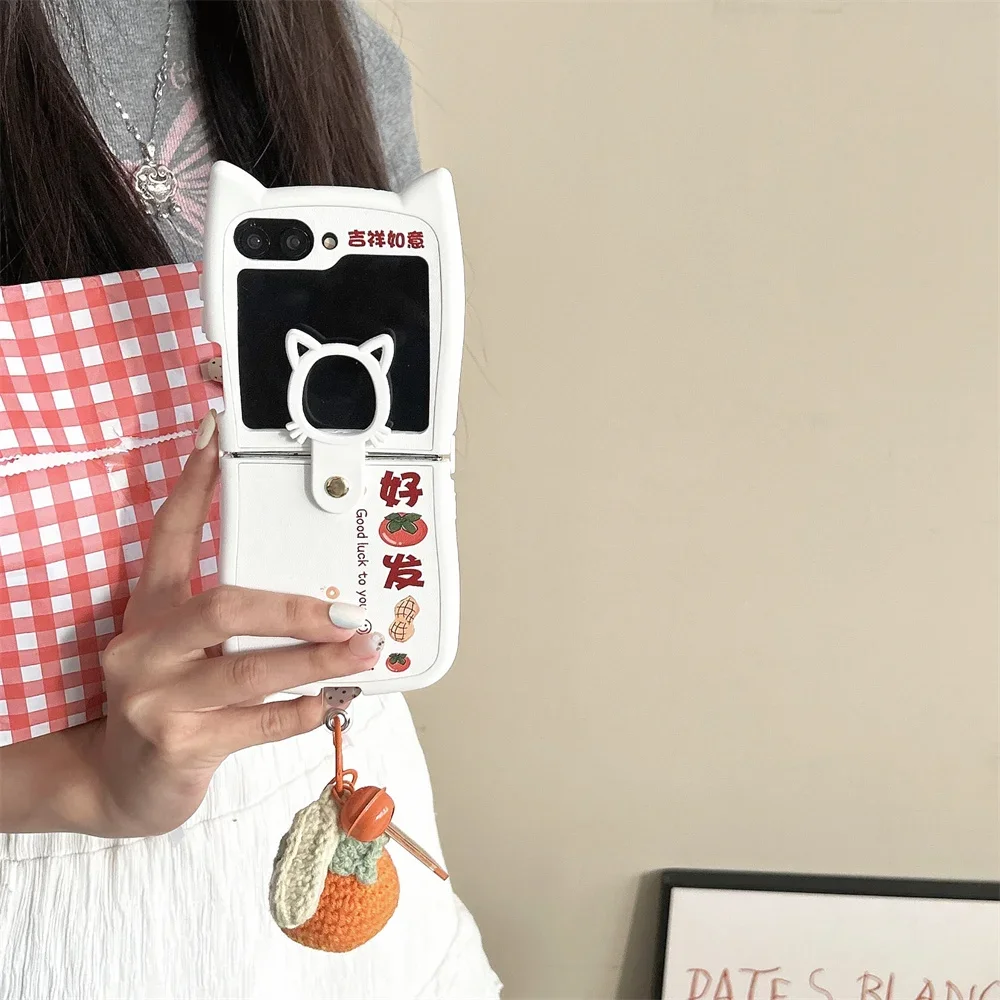 Cute Persimmon Vitality with Lanyard 3D Ear Cat Phone Case for Samsung Galaxy Z Flip 3 4 Z Flip 5 6 5G PC Anti-drop Back Cover