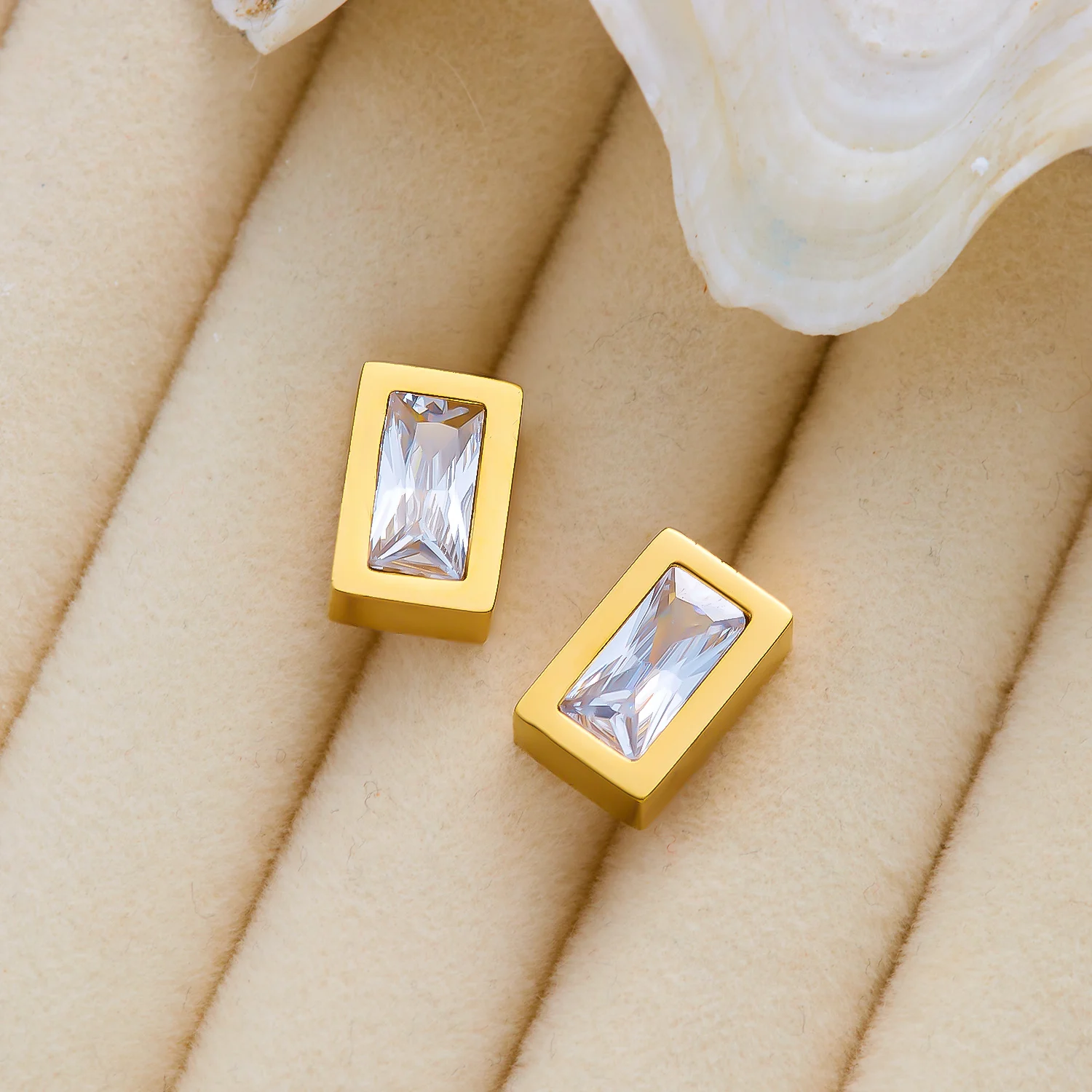 Stainless Steel Rectangular Cubic Zirconia Stud Earrings For Women Gold Color Shiny Crystal Geometric Earring Party Jewelry Gift