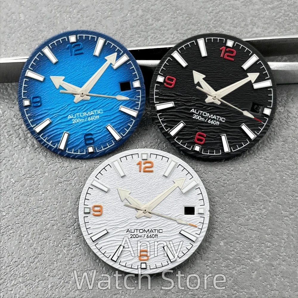 29mm Diver Watch Dial Wave Pattern For NH35 NH36 PT5000 ETA2824 Movement Silver Watch Hands Green Luminous