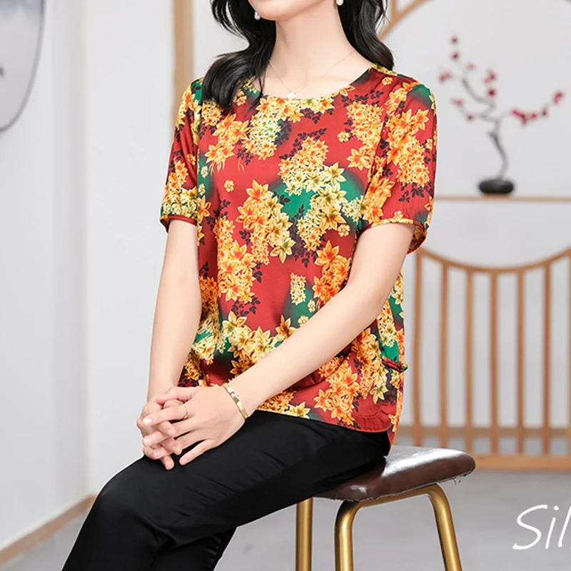 BirdTree 89.4%Real Silk Plus Size T-Shirt Women,Round Neck Short Sleeves Floral,Versatile Temperament Top,2024 Spring T42330QD