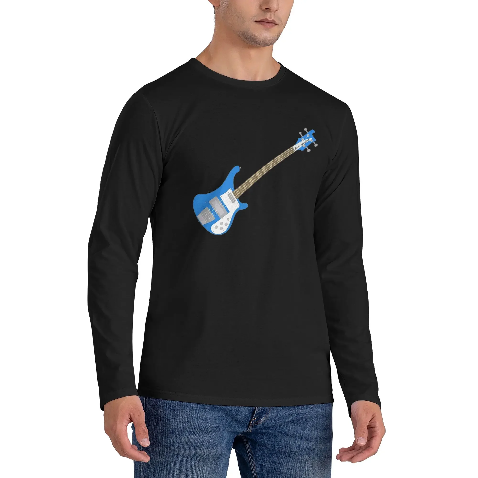 

Cobalt Blue Left-Handed Rickenbacker 4001C FLCL Bass Guitar Men's Long Sleeved T-shirt Round Neck T shirts Spring Autumn Men top