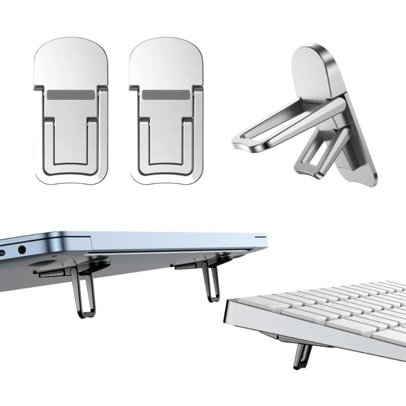 2PCS Metal Mini Foldable Laptop Stand, Adjustable Self-Adhesive Notebook Riser, Portable Keyboard Lift for Desk, Silver