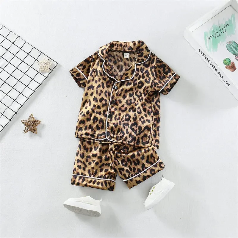 1-6T Summer Kids Ice Silk Pajama Set Boys Girls Cartoon Leopard Print Short Sleeve Blouse Top+Shorts Sleepwear T-Shirt Top Pants