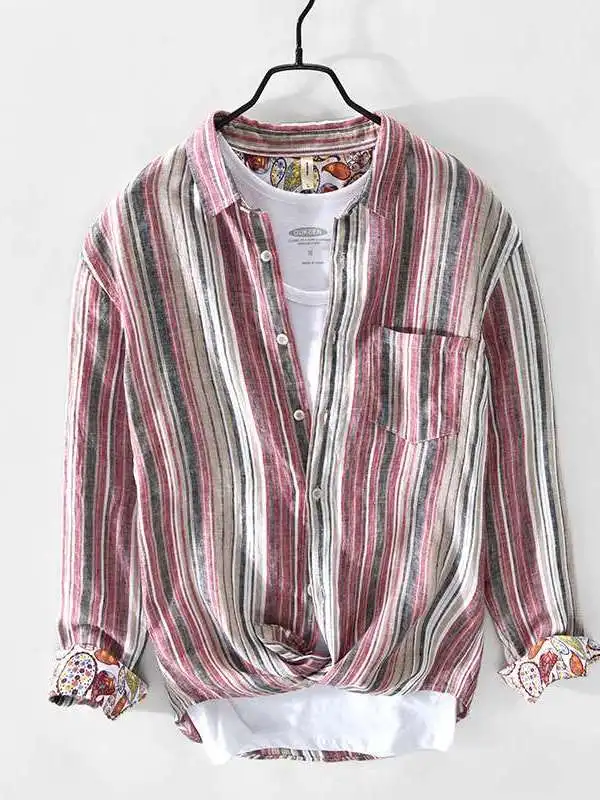 

New 757 Men's Casual Striped Linen Shirt Spring Summer Loose Fit PU Leather Polyester Fiber Long Sleeve CleanFit Collar