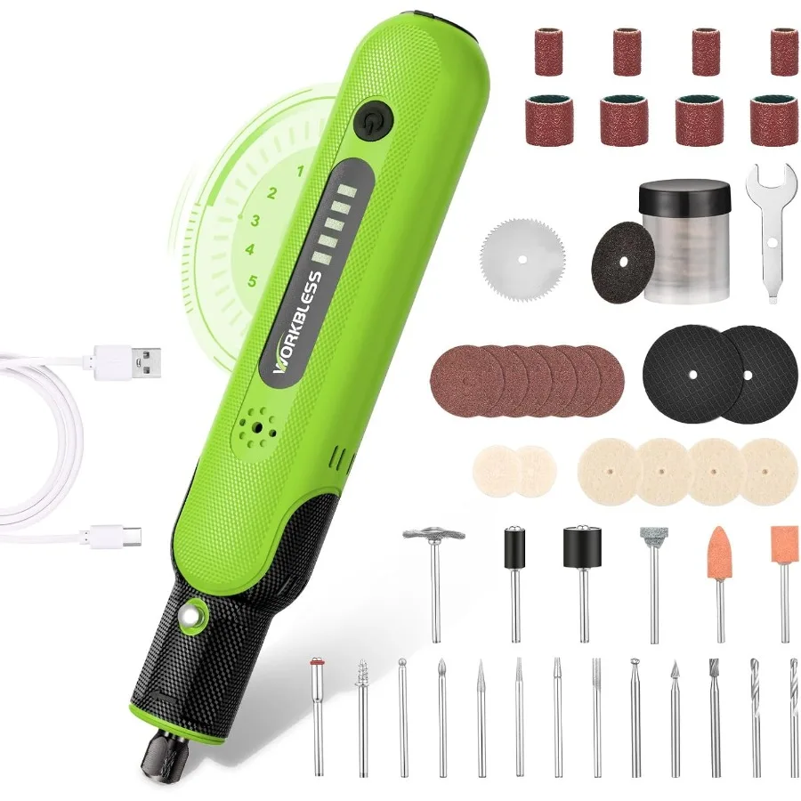 

Беспроводной вращающийся набор инструментов 8 В с 103 аксессуарами USBC для зарядки, 5 скоростей, регулируемый до 25000 об/мин, мини-беспроводной вращающийся инструмент для